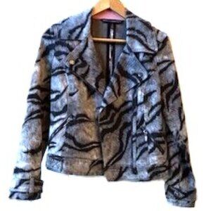 WHBM Black and Gray Tiger Striped Moto Denim Jacket, Size 4